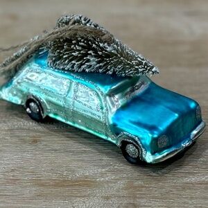 Anthropologie Blue Wood Panel Station Wagon with Christmas Tree Ornament